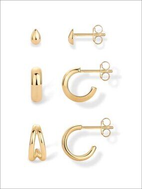 14K Gold Plated Hoop Huggie Earrings 3-Pair Set Hypoallergenic